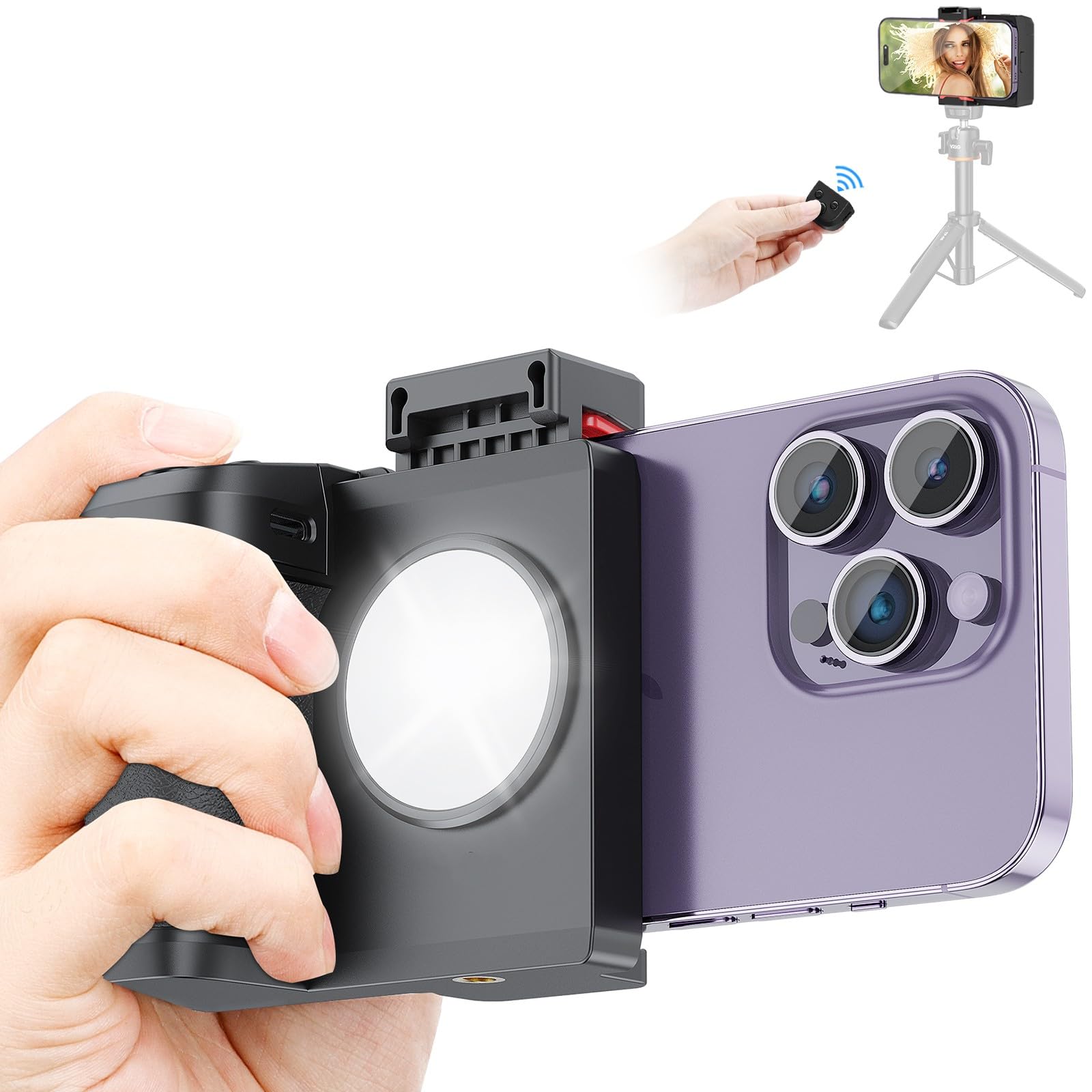 Kalofaye Smartphone Camera Shutter Remote Handle Grip with Three-Gear Adjustable Fill Light Detachable Wireless Bluetooth Remote Control for iPhone Samsung Android Phones Video/Photo Shooting