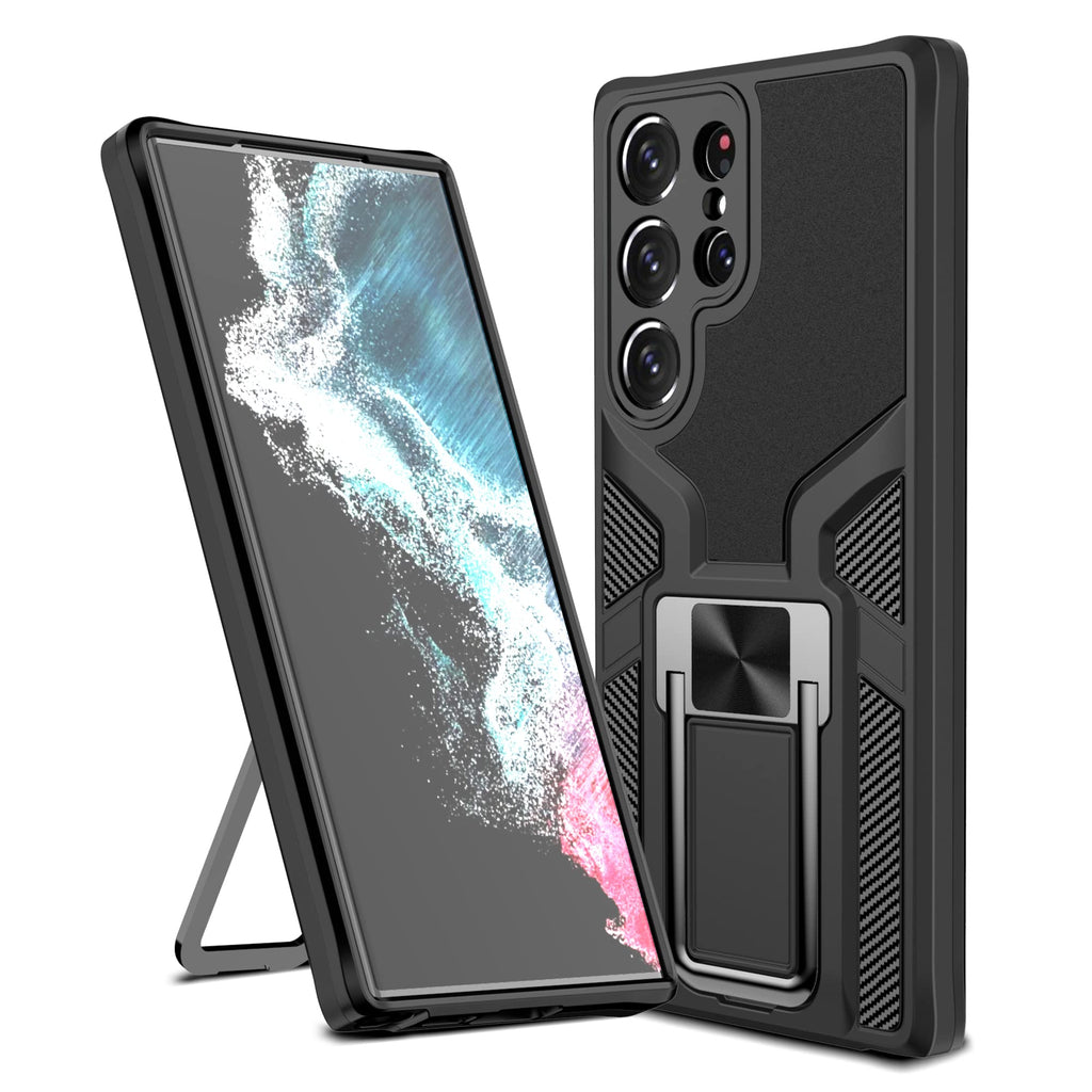 MarsRider Shockproof Samsung Galaxy S23 Ultra Case 6.8 Inch [3 Stand Ways] [Matte Carbon Fiber Back & Soft Silicone Bumper] Slim Non-Slip Samsung S23 Ultra Case with Invisible Metal Kickstand Black
