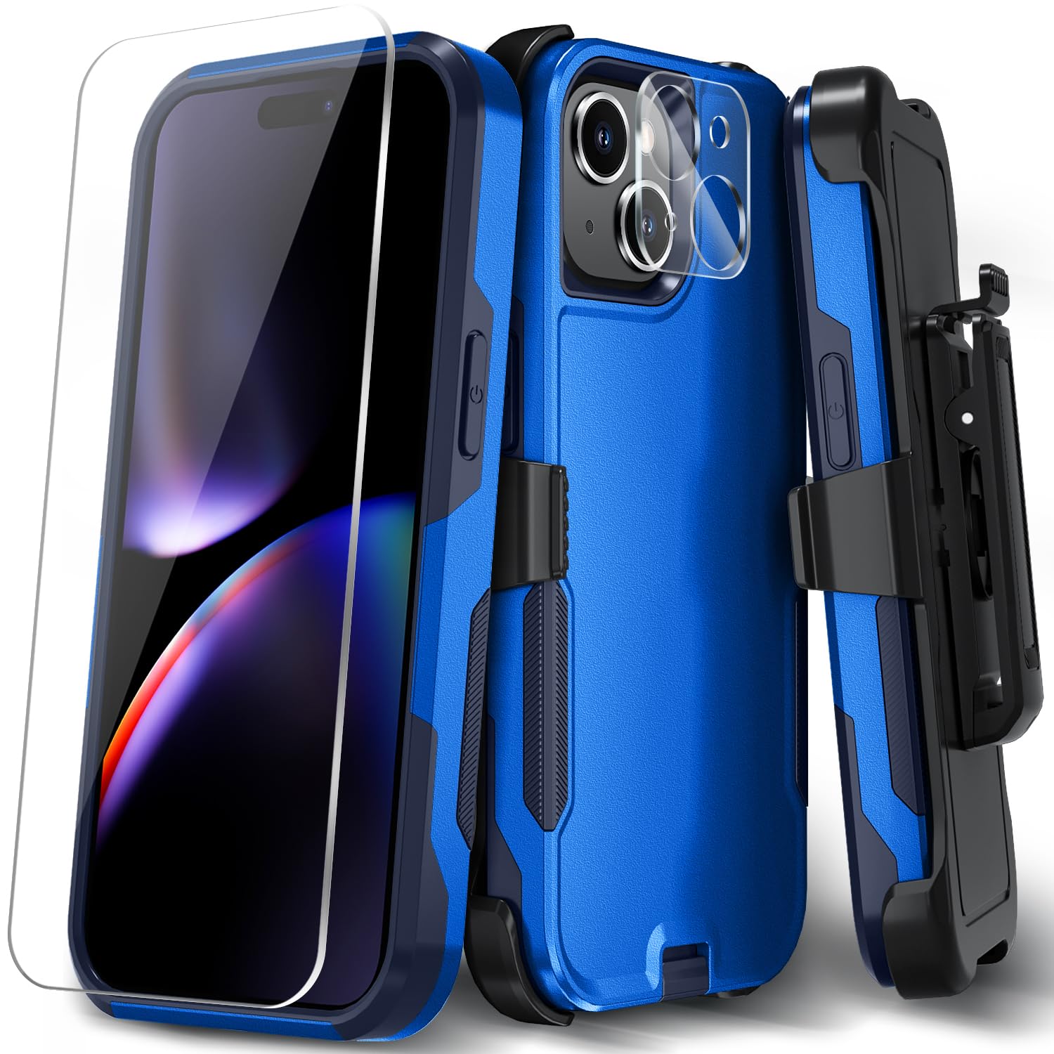 Xmon Case for iPhone 15 Plus Heavy Duty Rugged Case Belt Clip Holster Kickstand Protective Cover [Shockproof] Compatible with Apple iPhone 15 Plus (Blue)
